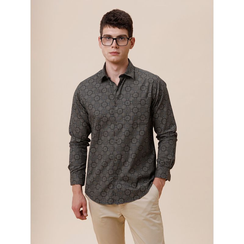 Crocodile Men Pure Cotton Printed Regular Fit Collar Neck Green Casual Shirt (40)