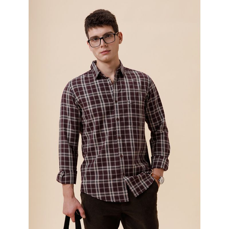 Crocodile Men Pure Cotton Checks Regular Fit Collar Neck Brown Casual Shirt (46)