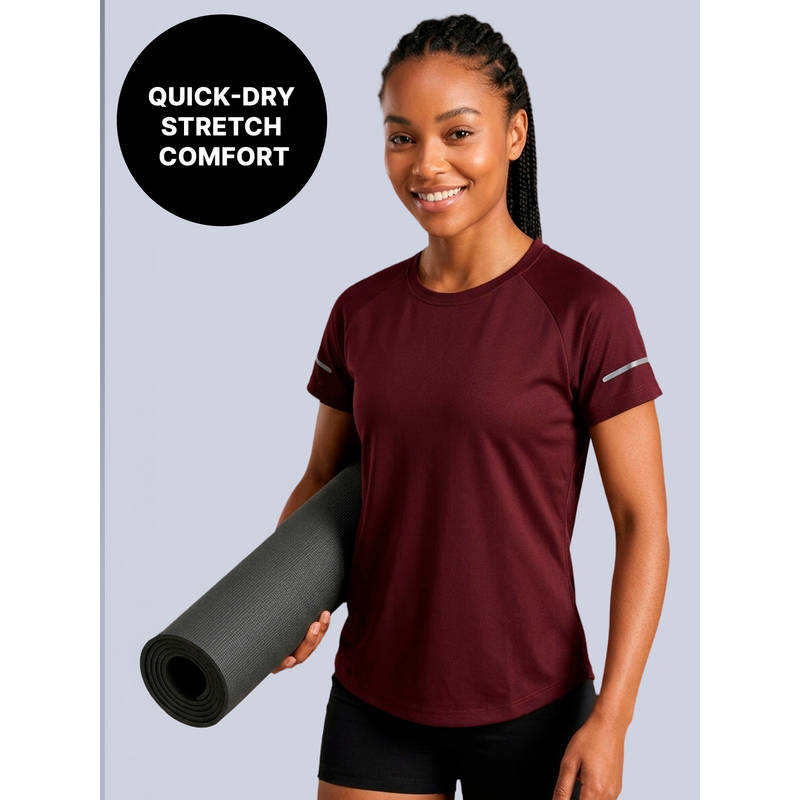 Kica Quick Dry Tee with Soft Stretch & Reflective Detail for Gym & Running KIC026 Wine (XS)