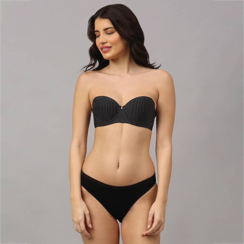 PrettyCat Strapless Pushup Striped Bra Panty Set - Black (30B)