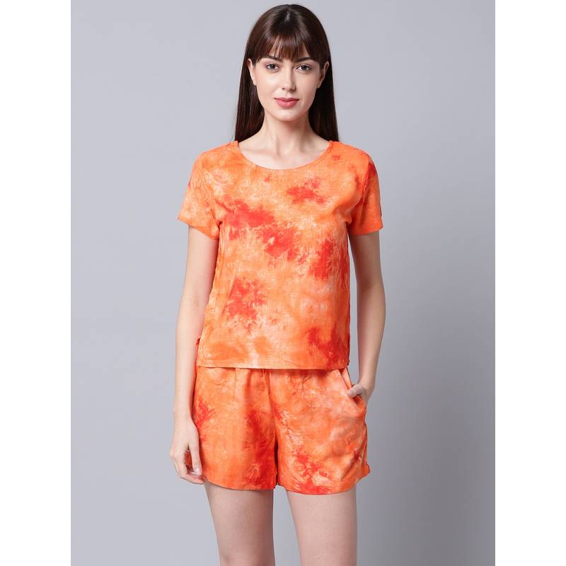 AOBA Womens Orange Tie & Dye Night Suit (Set of 2) (M)