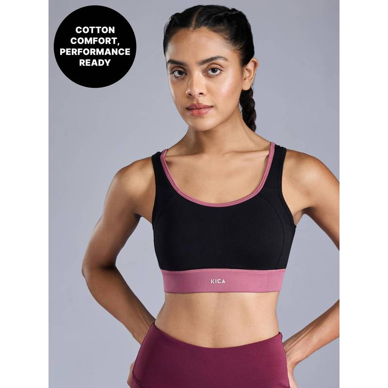 Cotton Mid-Impact Sports Bra with Back Opening,Secure Fit & Chafe-Free Comfort KIC100 Black (XS)