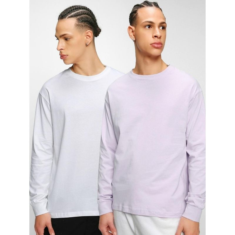 Bewakoof Men's Pack of 2 Men's White & Purple Oversized T-shirt (M)