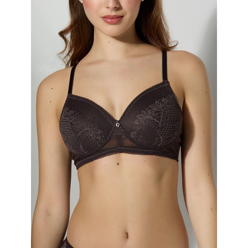 bodyline Jena Padded Non-Wired Bra Ultra Soft Polyamide Back Beauty Lace Design Brown (36DD)