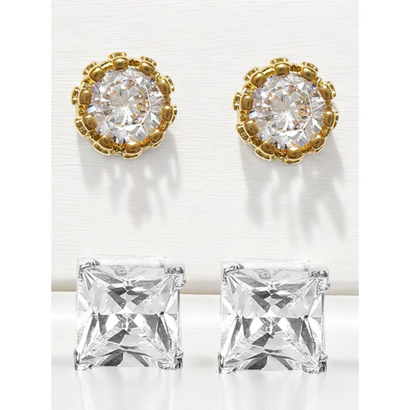 OOMPH Pairs Of Gold and Silver Tone Round and Square Small Ear Stud  Earrings