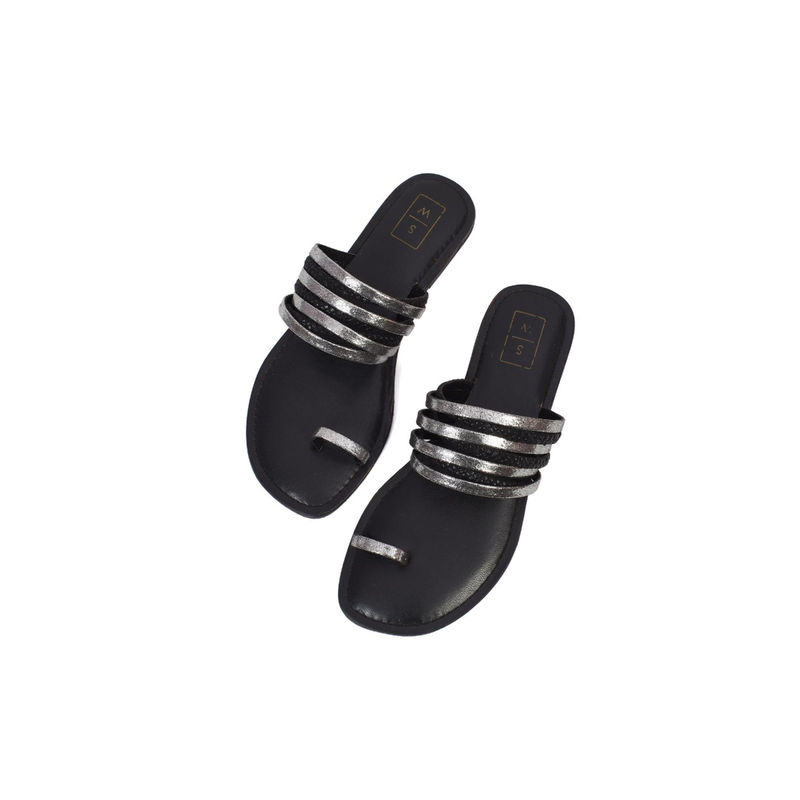SANDALWALI Nora Black Metallic Multi-Strap Flats (Euro 37) (EURO 37)