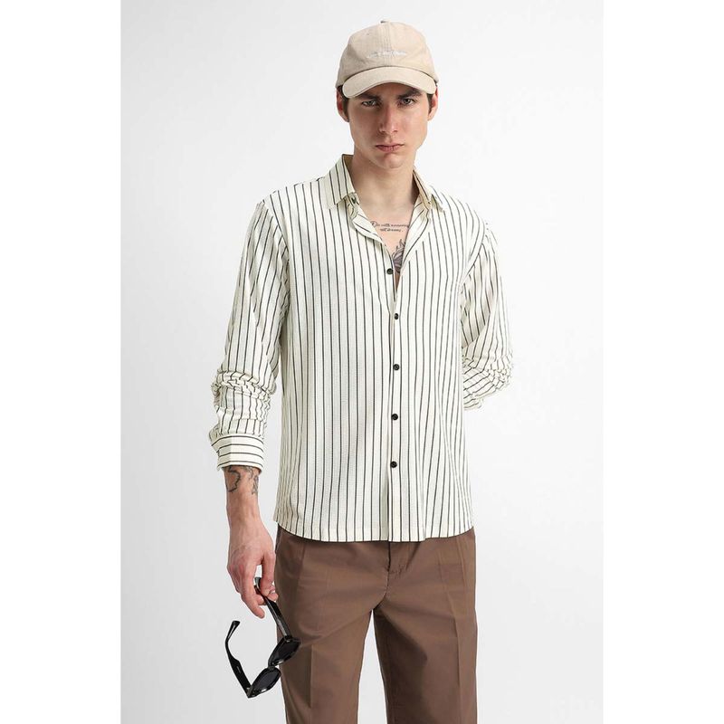 Snitch Men White Stripes Full Sleeves Regular Casual Shirt (L)