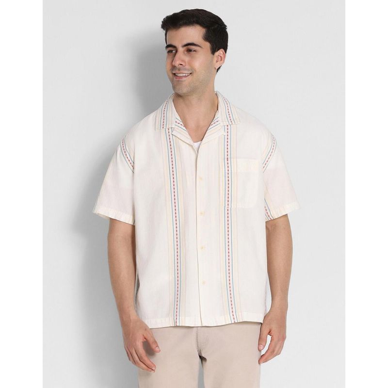 American Eagle Men Beige Stripes Button Up Poolside Shirt (M)