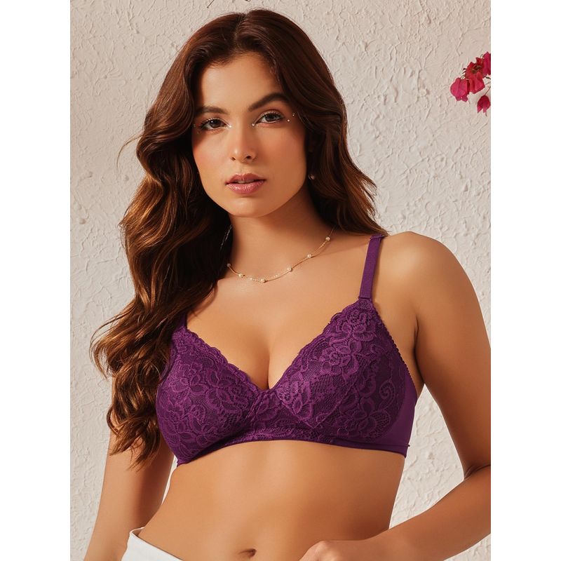 Clovia Lace Solid Lightly Padded Full Cup Wire Free Everyday Bra - Dark Purple (38B)