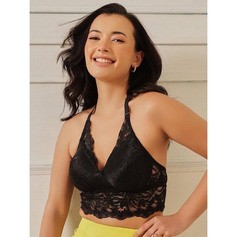 Clovia Lace Solid Padded Full Cup Wire Free Bralette Bra - Black (34D)