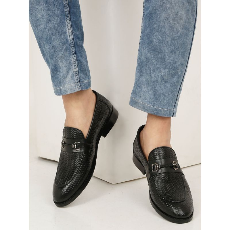 Teakwood Mens Black Texture Leather Casual Loafers (EURO 40)