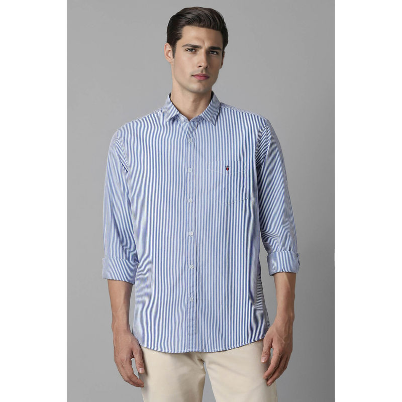 Louis Philippe Men Blue Slim Fit StripesFull Sleeves Casual Shirt (40)
