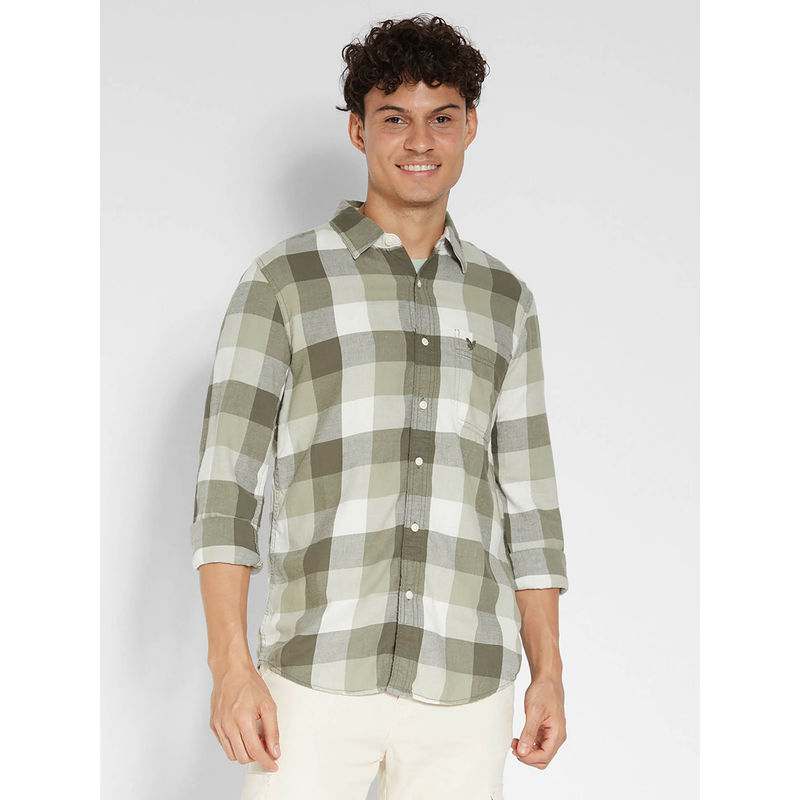 American Eagle Men Checks Olive Green & White Slim Fit Everyday Button-Up Shirt (XL)