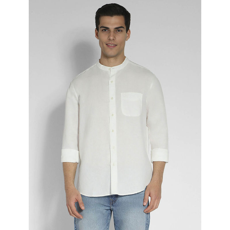 American Eagle Men Solid White Band Collar Linen Button-Up Shirt (M)