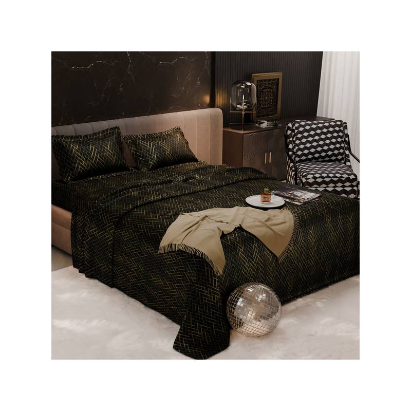 Stoa Paris Starlit Night Poly Sateen Black Bedsheet With 2 Pillow Covers (Double)