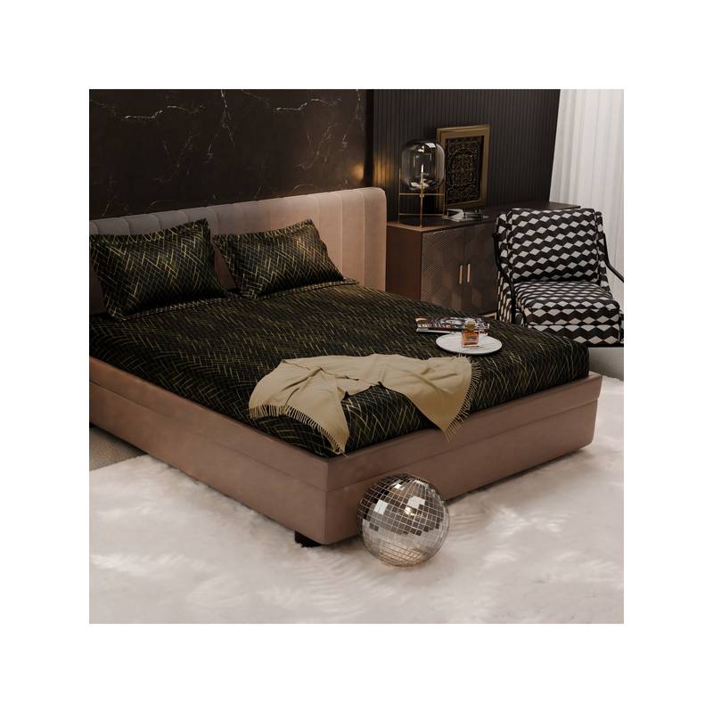 Stoa Paris Starlit Night Poly Sateen Black Double Fitted Bedsheet With 2 Pillow Covers (Double)