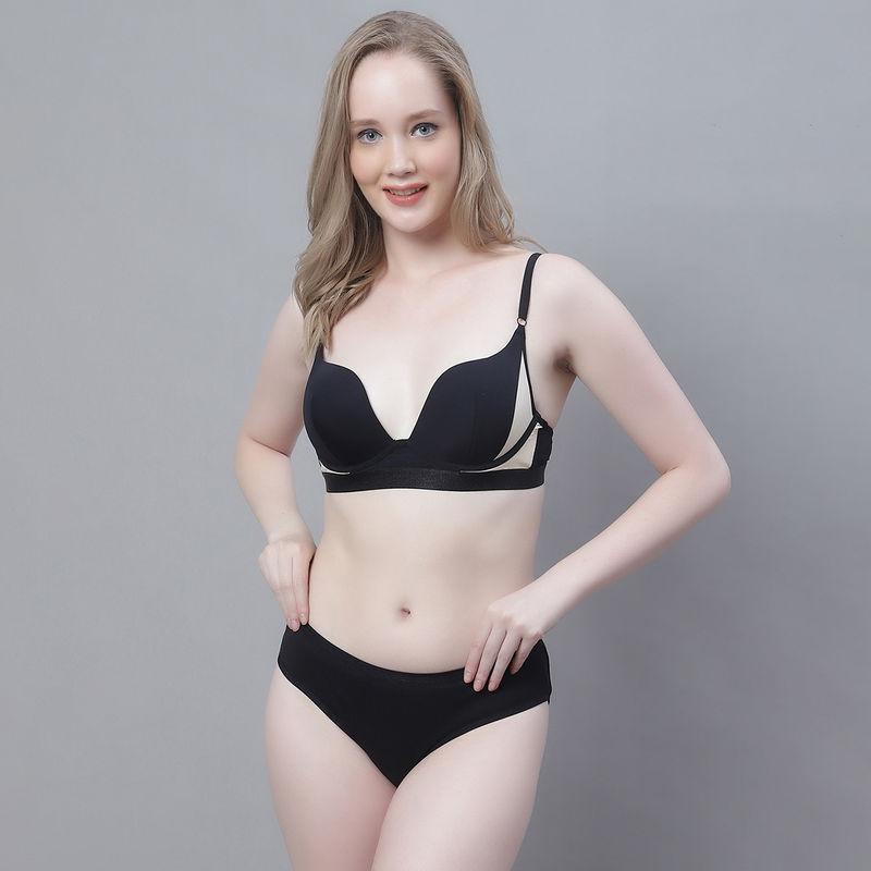 PrettyCat Colorblock Underwired Seamless Plunge Bra Panty - Black (Set of 2) (36B)