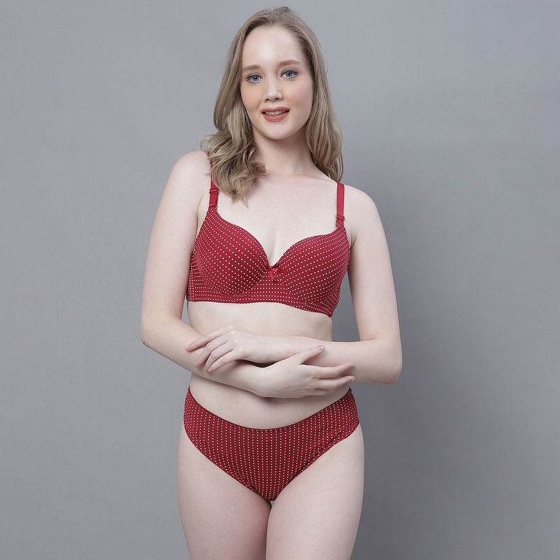 PrettyCat Underwired Polka Print Full Coverage T-Shirt Bra Panty - Red (Set of 2) (32B)