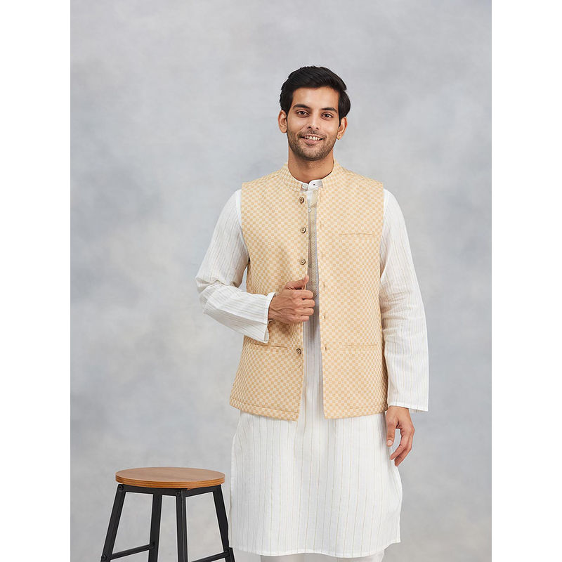 Fabindia Beige Cotton Checks Nehru Jacket (XS)
