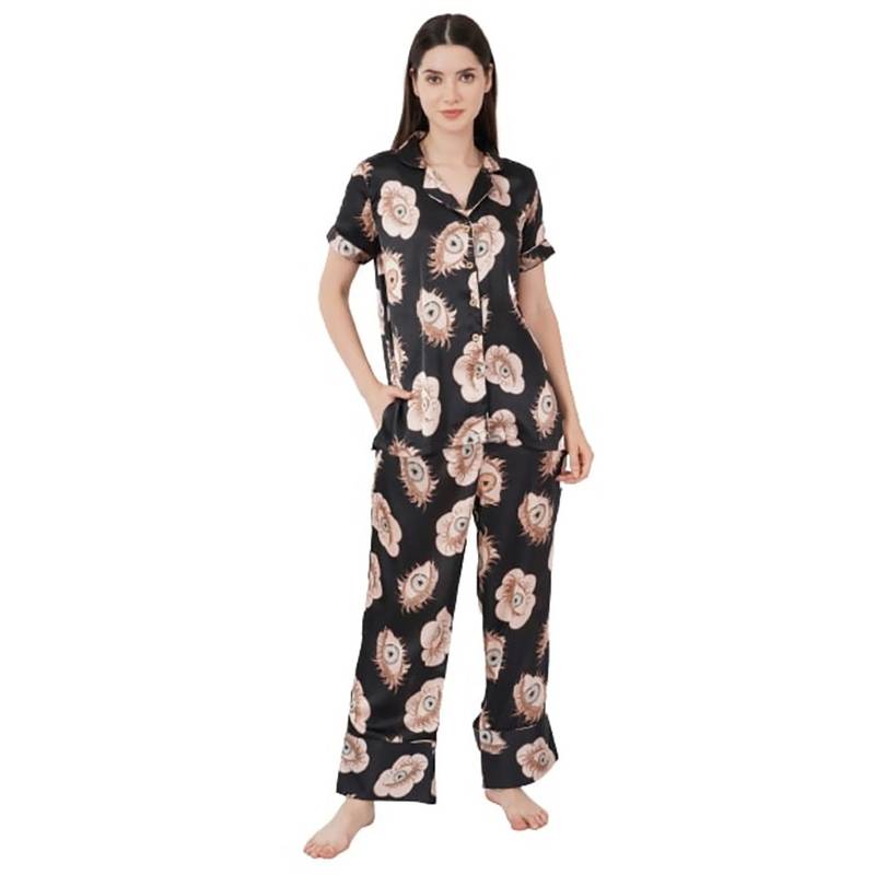 Urban Sundari Black Satin Regular Printed Nightsuit Set (XS)