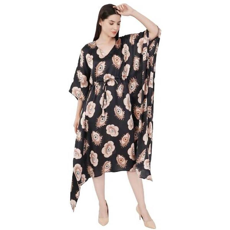 Urban Sundari Black Polyester Satin Regular Printed Kaftan Dress (2XL)
