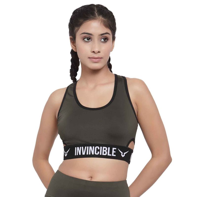 INVINCIBLE Olive Green Womens Functional Pocket Sports Bra (XS)