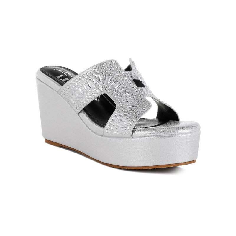 London Rag Womens Silver Diamante Rhinestone Detail Cut Out Wedges Heels (UK 3)