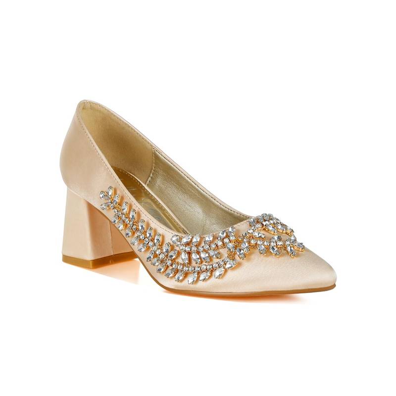 London Rag Womens Beige Satin Diamante Embellished Pump Heels (UK 6)