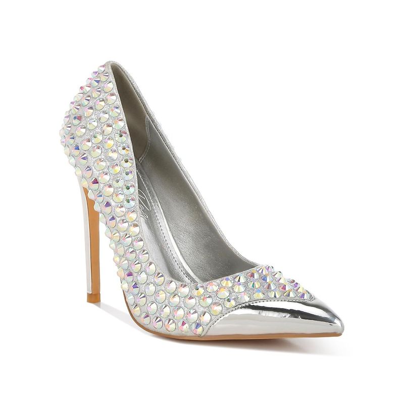 London Rag Womens Silver Diamante Embellished Stiletto Pump Heels (UK 4)