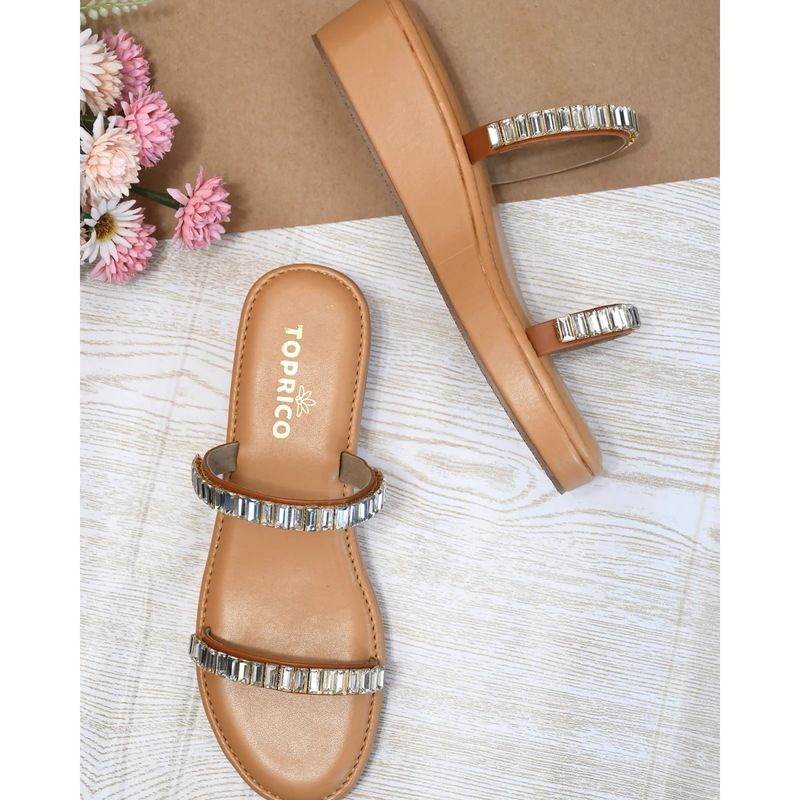 Toprico Two Strap Beads Embellished Tan Wedges (EURO 37)