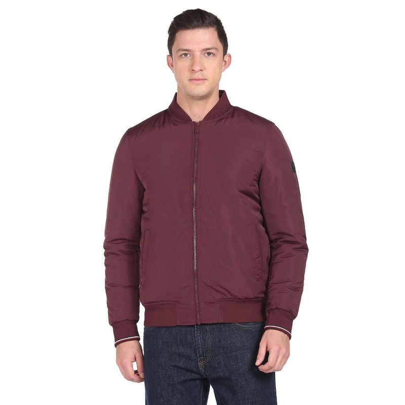 Arrow Sports Men Burgundy Stand Neck Solid Bomber Jackets (2XL)