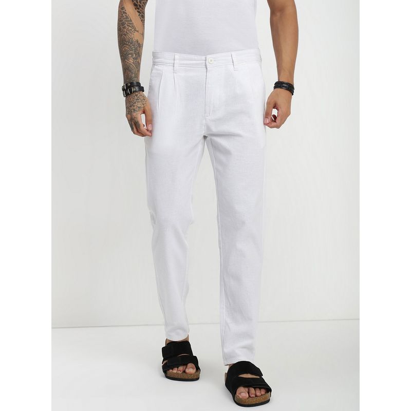 necked White Relaxed Linen Cotton Pant (34)