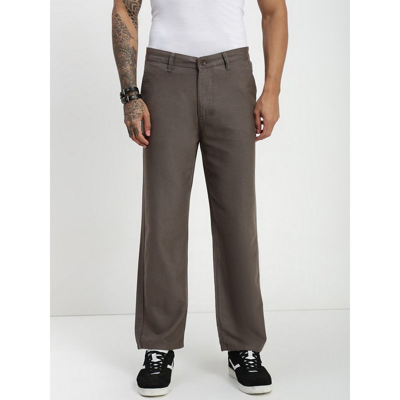necked Brown Mouse Drill Linen Relaxed Cotton Pant (30)