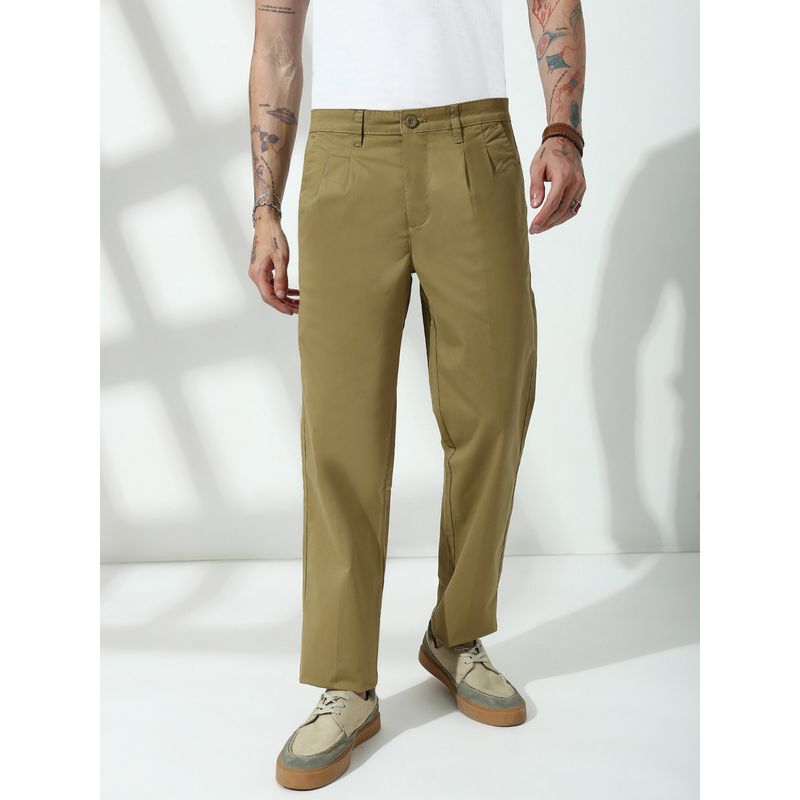 necked Khaki Straight Fit Cotton Pant (30)