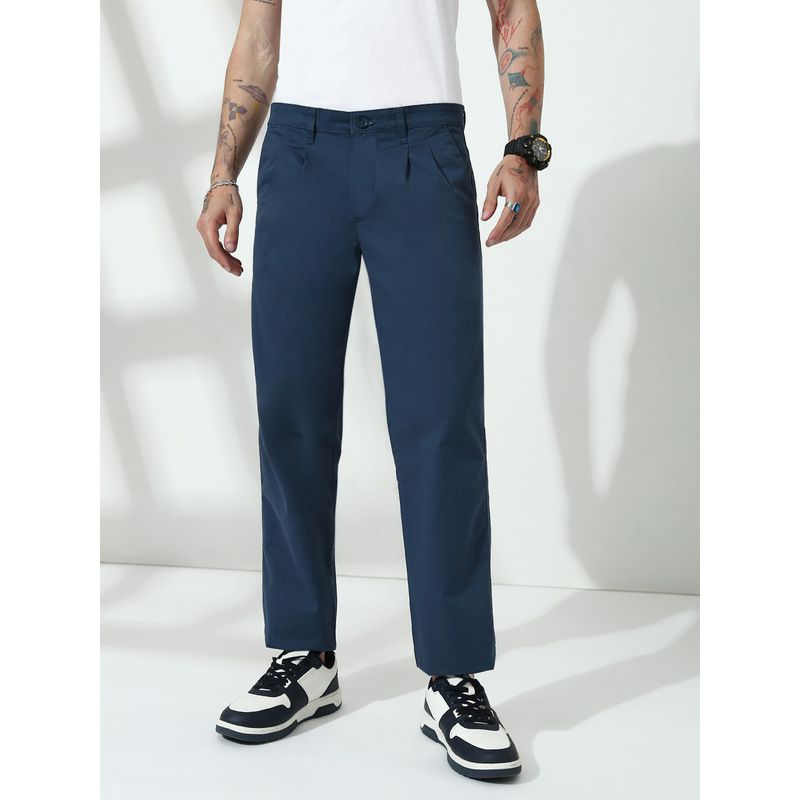 necked Airforce Blue Straight Fit Cotton Pant (30)