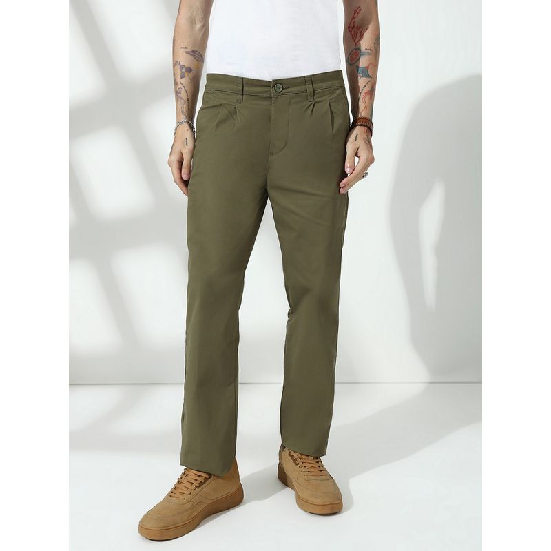 necked Sage Green Straight Fit Cotton Pant (30)