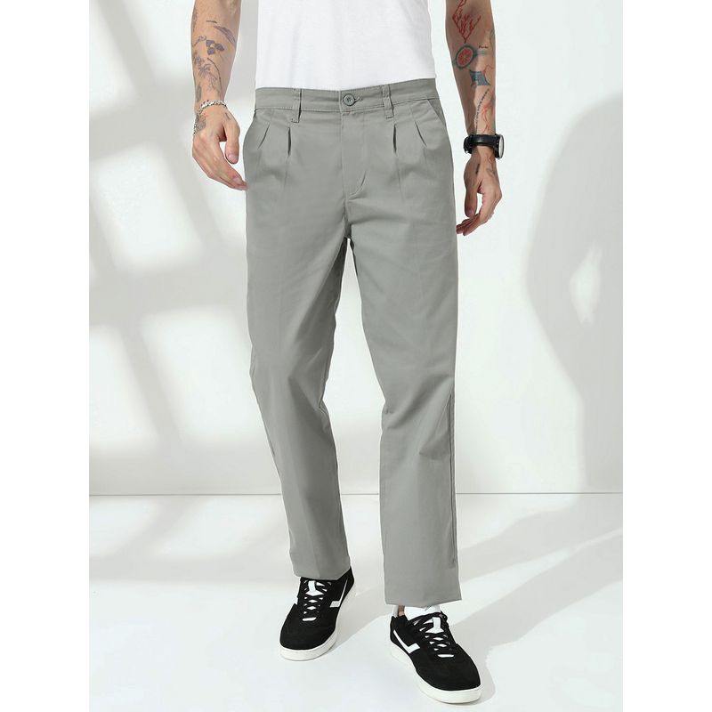 necked Stone Grey Straight Fit Cotton Trousers (30)