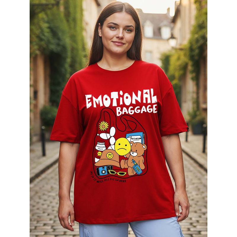 Bewakoof Women's Red Emotional Baggage Graphic Printed Oversized Plus Size T-shirt (6XL)