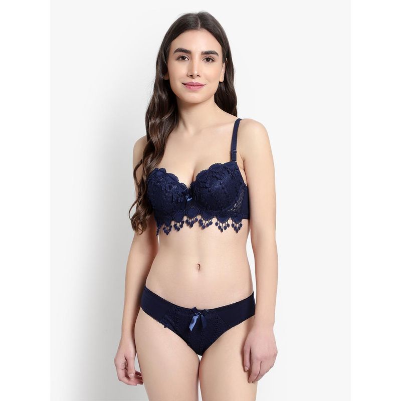 BRACHY Women Blue Heavily Padded Underwired Self Design Lace Bikini Bra with Panty (Set of 2) (34B)