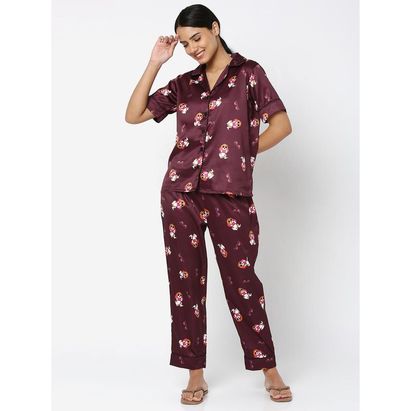 Maroon Stay Cute Printed Night Suit