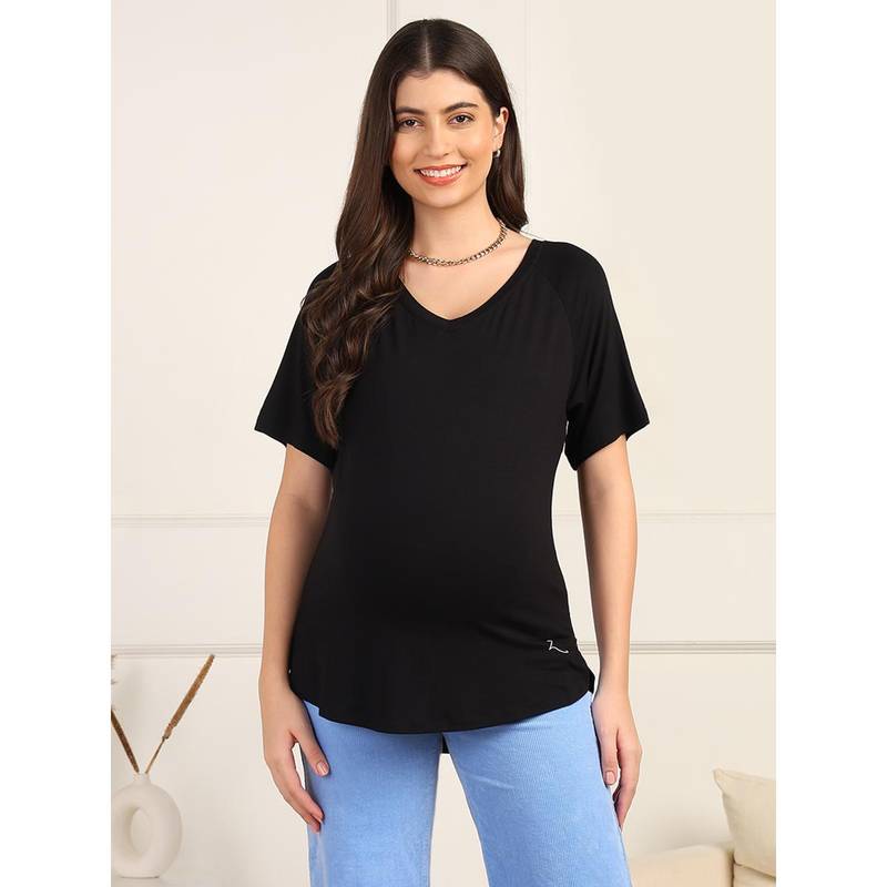 Zelena Women Half Sleeves Viscose Maternity Nursing Top with Zip (M)