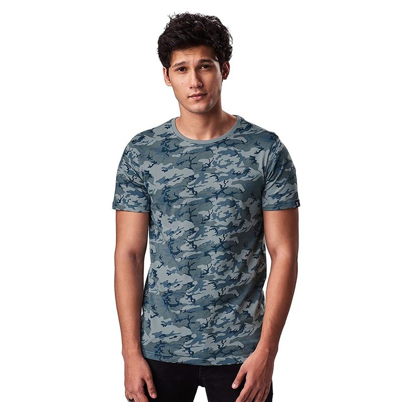 The Souled Store Men Solids Step Hem T-shirt Grey Camo Multi T-Shirts (XS)
