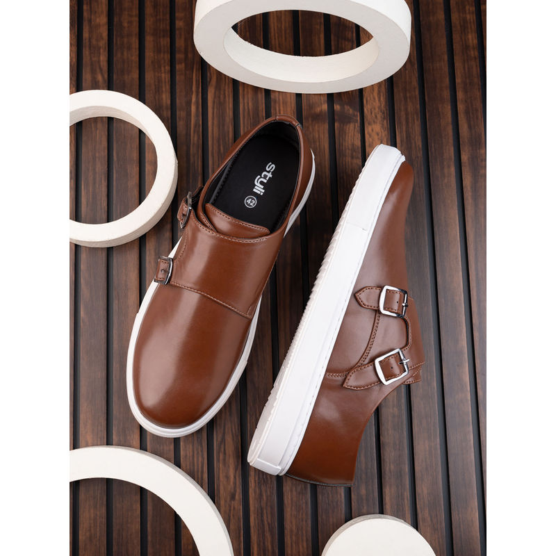 Styli Men Tan Double Strap Buckled Flat Sole Casual Monk Strap Shoes (EURO 41)