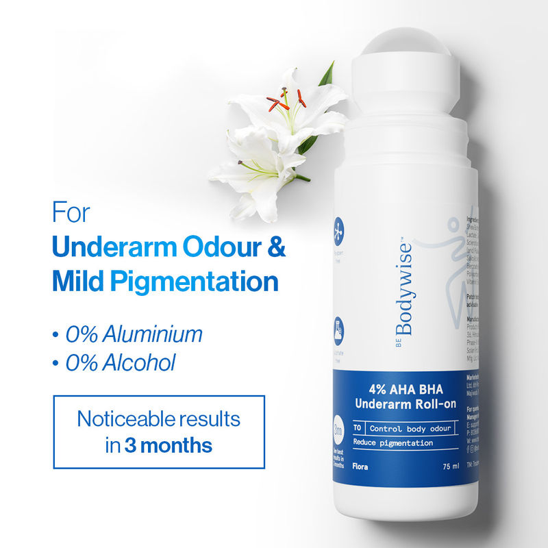 Be Bodywise 4% AHA BHA Underarm Roll On Treats Pigmentation & Odour Lactic Acid & Salicylic Acid Flora
