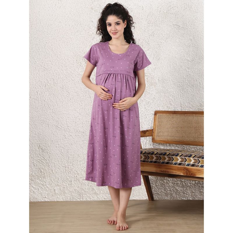 Secret Wish Purple Printed Hosiery Maternity Nighty (2XL)