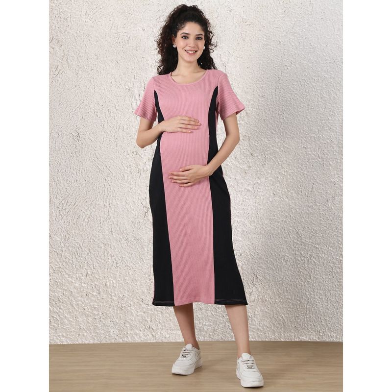 Secret Wish Pink and Black Solid Ribbed Maternity Bodycon Dress (S)
