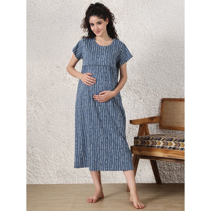 Secret Wish Blue Printed Hosiery Maternity Nighty (2XL)