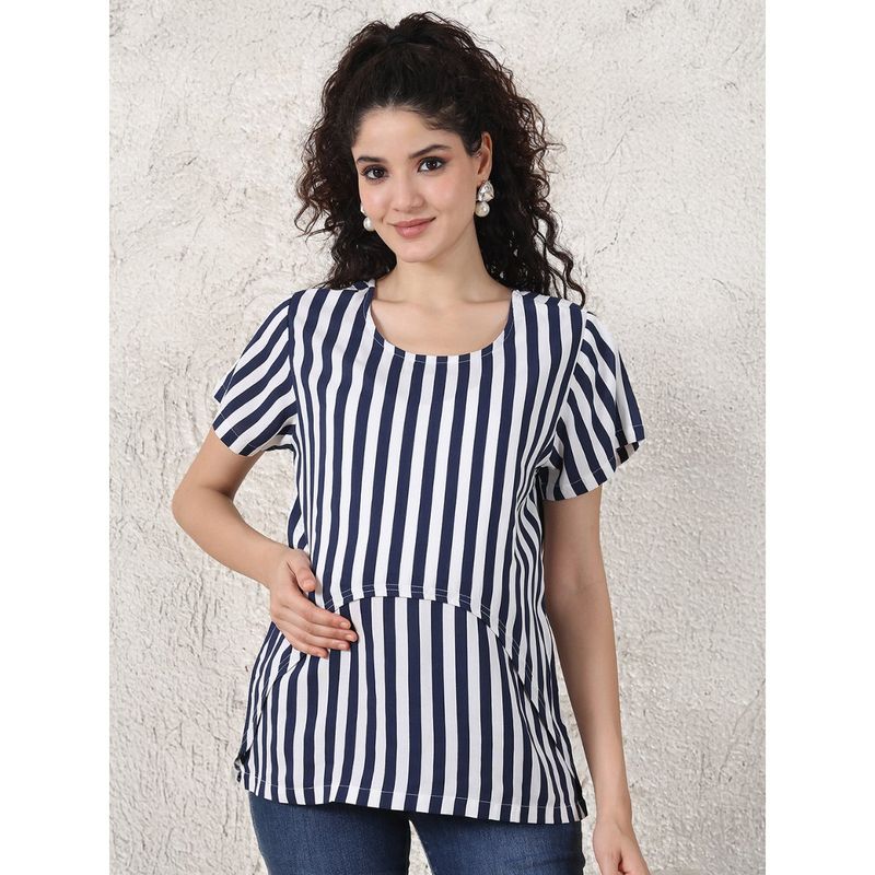 Secret Wish Navy Blue Striped Rayon Zipless Maternity Top (L)