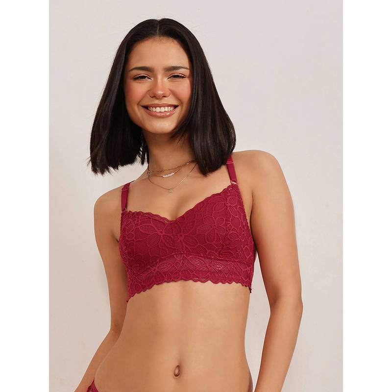 Clovia Lace Floral Non-Padded Full Cup Wirefree Bralette Bra - Maroon (34C)