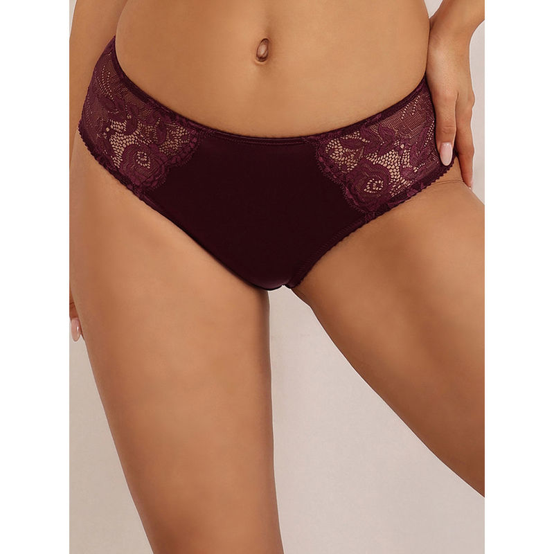 Clovia Lace Medium Waist Outer Elastic Hipster Panty Purple (S)